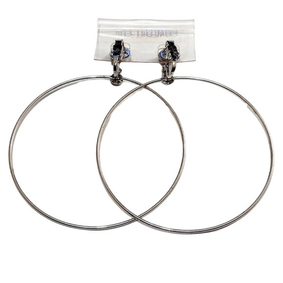 2 3/4 Inch 70mm Hoop Clip On Earrings Silver Tone 57mm Wide Ring - Picture 3 of 3